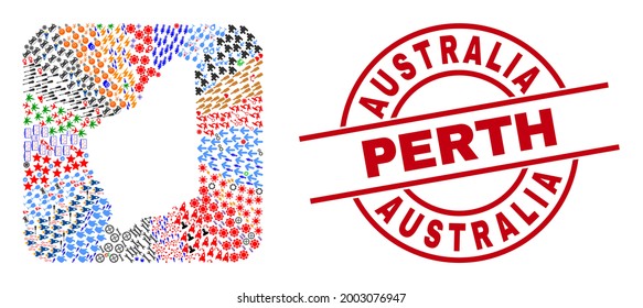 Vector mosaic Western Australia map of different pictograms and Australia Perth seal. Mosaic Western Australia map created as stencil from rounded square. Red round badge with Australia Perth word.