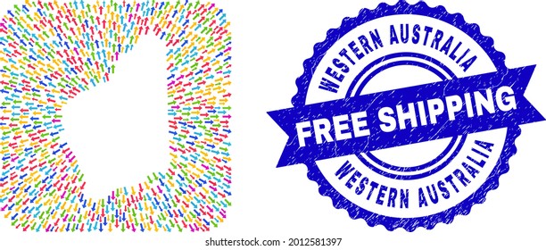 Vector mosaic Western Australia map of pointer arrows and rubber Free Shipping badge. Mosaic Western Australia map designed as carved shape from rounded square shape using away arrows.