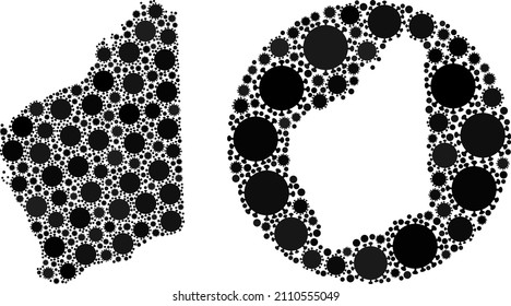 Vector mosaic Western Australia map of sars virus icons. Mosaic geographic Western Australia map designed as carved shape from round shape with covid virus icons in black colors.