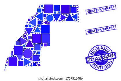 Mapa del Sáhara Occidental con mosaico vectorial. Collage geográfico en tintes de color azul y sellos redondos y rectangulares rayados. Collage abstracto del mapa del Sahara Occidental hecho de redondo, triángulos,