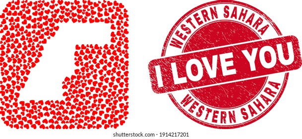 Vector mosaic Western Sahara map of valentine heart elements and grunge love stamp. Mosaic geographic Western Sahara map designed as subtraction from rounded square using lovely hearts.