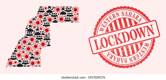 Vector mosaic Western Sahara map of SARS virus, masked men and red grunge lockdown seal stamp. Virus elements and men in masks inside Western Sahara map.