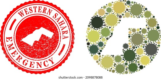Mapa de mosaico vectorial del Sahara Occidental de elementos del virus de la gripe y sello de sellado de EMERGENCIA grunge.