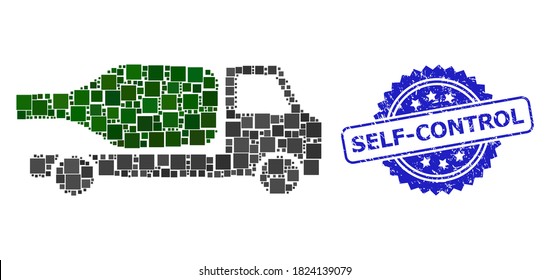 Vector mosaic wine delivery, and Self-Control dirty rosette seal imitation. Blue stamp seal includes Self-Control text inside rosette.
