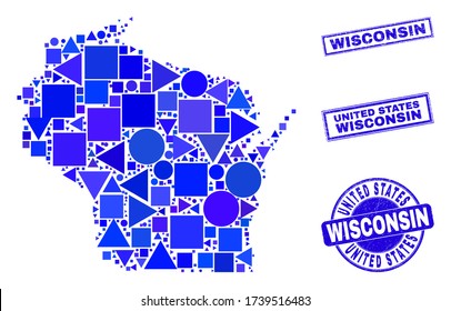 Vector mosaic Wisconsin State map. Geographic collage in blue color tones, and corroded round and rectangle seals. Abstract collage of Wisconsin State map created of round, triangles,