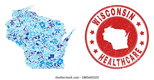 Vektor-Mosaik Wisconsin State Map mit Symbolen für das Gesundheitswesen, Symbolen für Medizin und einer Grunge-Briefmarke für das Gesundheitswesen. Rotes rundes Wasserzeichen mit Gummi-Textur und Wisconsin State Map Tag und Karte.