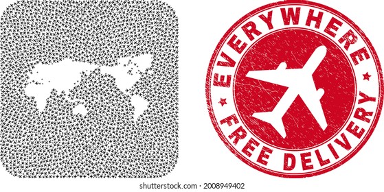 Vector mosaic world map of airliner items and grunge Free Delivery badge. Collage geographic world map created as carved shape from rounded square shape with moving out air force symbols.