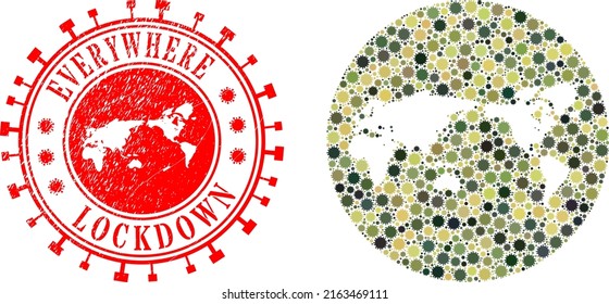 Vector mosaic world map of covid virus icons and grunge LOCKDOWN stamp. Mosaic geographic world map created as carved shape from circle with covid-2019 icons in camouflage army color hues.
