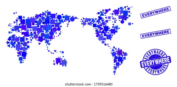 Vector mosaic world map. Geographic collage in blue color tones, and dirty round and rectangle seals. Abstract mosaic of world map combined of round, triangles, square geometric spots.