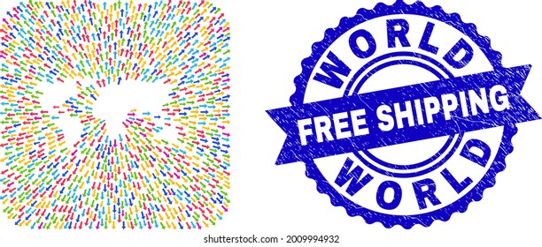 Vector mosaic world map of out arrows and scratched Free Shipping stamp. Mosaic world map designed as stencil from rounded square shape with emigration arrows.