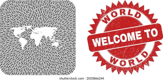 Vector mosaic world map of pointing arrows and rubber Welcome seal. Mosaic geographic world map created as carved shape from rounded square with pointing arrows.