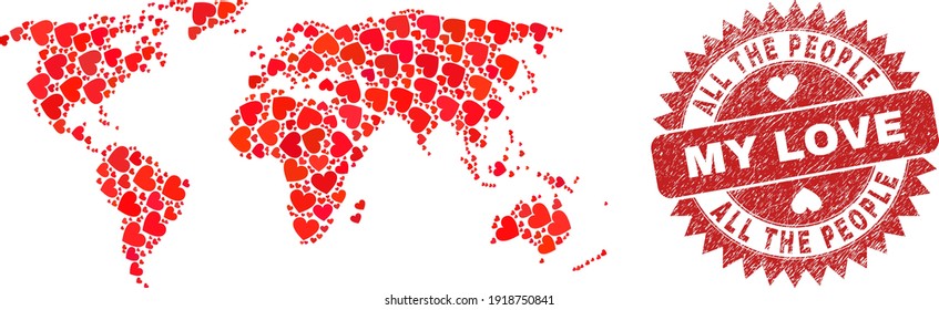 Vector mosaic world map of valentine heart elements and grunge My Love seal stamp. Collage geographic world map constructed with love hearts.