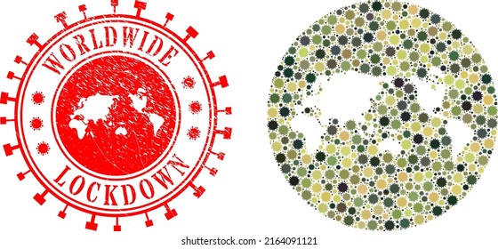 Mapa mundial de mosaicos vectoriales de elementos cóvidos y sello de sello de RELOJ grueso. Mapa geográfico mosaico mundial creado como hueco del círculo con íconos del virus de la gripe en colores militares camuflados.