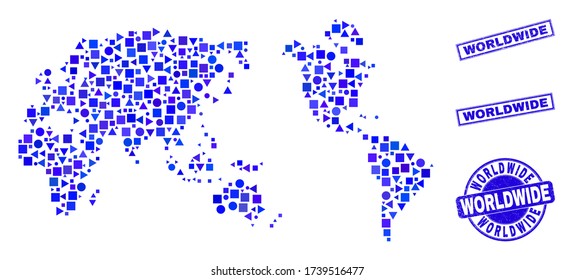 Mapa mundial del mosaico vectorial. Collage geográfico en tonos azules y sellos sucios de sellos redondos y rectangulares. Resumen mosaico del mapa mundial organizado de esfera, triángulos, puntos geométricos cuadrados.