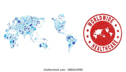 Vector mosaic worldwide map with vaccine icons, hospital symbols, and grunge healthcare rubber imitation. Red round watermark with grunge rubber texture and worldwide map word and map.