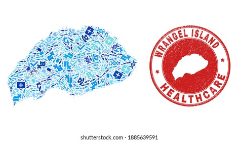 Vector mosaic Wrangel Island map with injection icons, receipt symbols, and grunge doctor stamp. Red round stamp with unclean rubber texture and Wrangel Island map tag and map.