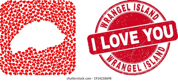 Vector mosaic Wrangel Island map of lovely heart items and grunge love seal. Collage geographic Wrangel Island map created as carved shape from rounded square shape with love hearts.