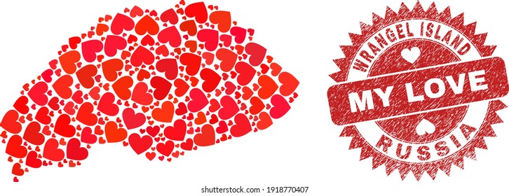 Mosaico vectorial de la isla de Wrangel mapa de elementos del corazón de amor y estampado de My Love. Mapa de la isla de Wrangel geográfico mosaico diseñado con corazones de amor.