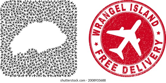 Vector mosaic Wrangel Island map of air plane items and grunge Free Delivery badge. Mosaic geographic Wrangel Island map created as hole from rounded square shape with flying away air planes.