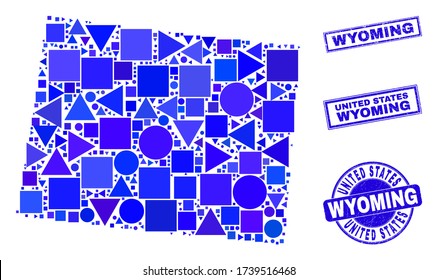 Vector mosaic Wyoming State map. Geographic scheme in blue color tones, and corroded round and rectangle stamps. Abstract mosaic of Wyoming State map designed of round, tringle,