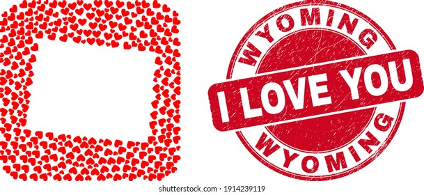 Vector mosaic Wyoming State map of valentine heart elements and grunge love badge. Mosaic geographic Wyoming State map created as stencil from rounded square shape with valentine hearts.