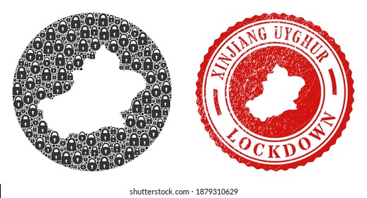 Vector mosaic Xinjiang Uyghur Region map of locks and grunge LOCKDOWN stamp. Mosaic geographic Xinjiang Uyghur Region map constructed as stencil from round shape with black locks.
