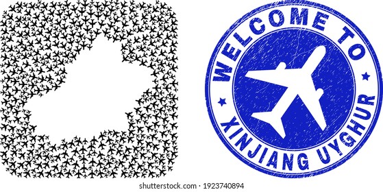 Vector mosaic Xinjiang Uyghur Region map of aero items and grunge Welcome seal stamp. Mosaic geographic Xinjiang Uyghur Region map designed as stencil from rounded square with airplanes.