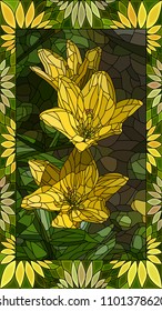 Vector mosaic with yellow lilies in horizontal stained-glass window frame.