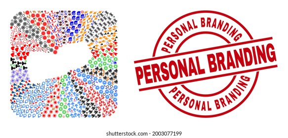 Vector mosaic Yemen map of different pictograms and Personal Branding badge. Mosaic Yemen map created as carved shape from rounded square shape. Red round badge with Personal Branding text.