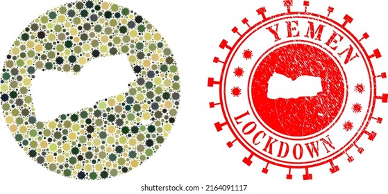 Vector mosaic Yemen map of sars virus items and grunge LOCKDOWN badge. Mosaic geographic Yemen map constructed as carved shape from round shape with viral items in khaki military color hues.