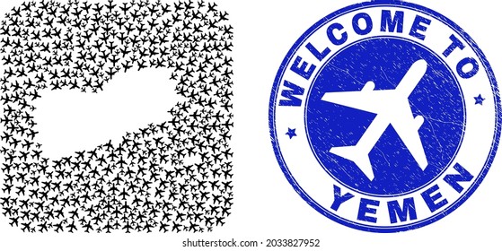 Vector mosaic Yemen map of sky jet items and grunge Welcome stamp. Mosaic geographic Yemen map created as carved shape from rounded square shape with air vehicles.