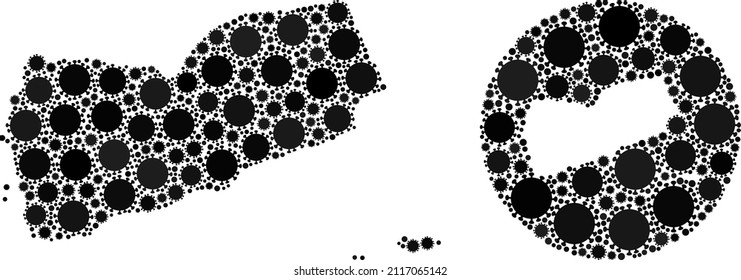 Mapa del virus de mosaico vectorial en Yemen. Mapa geográfico mosaico de Yemen diseñado como forma tallada de círculo con elementos del virus de la gripe en tonos negros. Ilustración con fines de bloqueo.