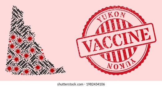 Vektor Mosaik Yukon Provinz Karte von Corona-Virus, Impfsymbole und roten Grunge-Impfstempel. Viruselemente und Spritzenpartikel in der Landkarte der Provinz Yukon.
