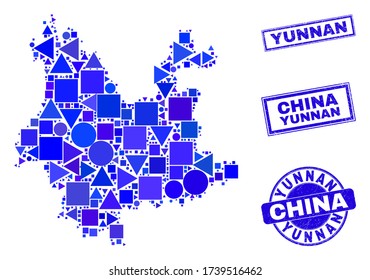 Vector mosaic Yunnan Province map. Geographic scheme in blue color shades, and rubber round and rectangle stamps. Abstract mosaic of Yunnan Province map composed of round, tringle,