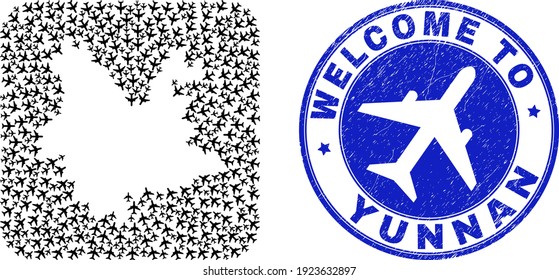 Vector mosaic Yunnan Province map of air vehicle items and grunge Welcome stamp. Mosaic geographic Yunnan Province map created as stencil from rounded square shape using air planes.