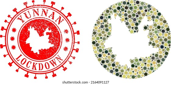 Mosaico vectorial de la provincia de Yunnan mapa de íconos del virus de la gripe y sello LOCKDOWN de grunge.