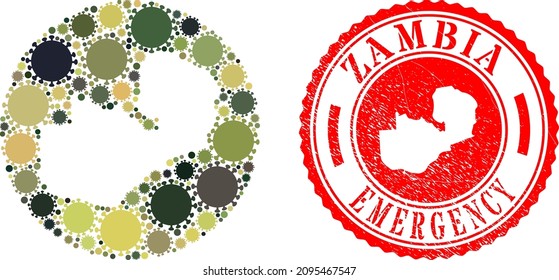 Mosaico vectorial mapa de Zambia de elementos del virus de la ciruela y sello de EMERGENCIA grunge. Mapa geográfico mosaico de Zambia creado como forma tallada de forma redonda con elementos de virus en tonos de color caqui del ejército.