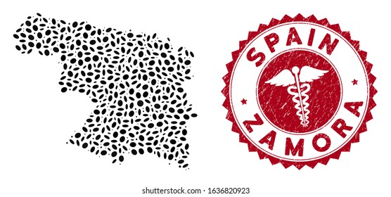 Vector mosaic Zamora Province map and red round corroded stamp seal with medical sign. Zamora Province map collage designed with elliptic items. Red round healthcare seal stamp, with grunge texture.