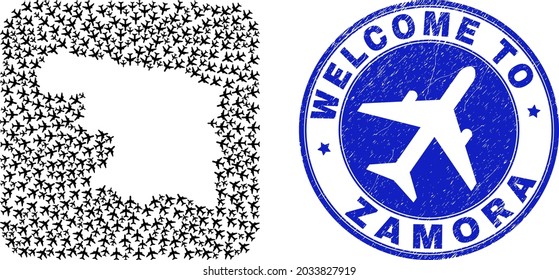 Vector mosaic Zamora Province map of jorney elements and grunge Welcome seal stamp. Mosaic geographic Zamora Province map designed as carved shape from rounded square shape with air tourism.