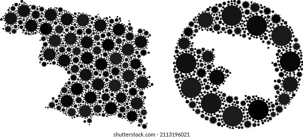 Vector mosaic Zamora Province map of covid infection icons. Mosaic geographic Zamora Province map constructed as carved shape from circle with covid icons in black color hues.