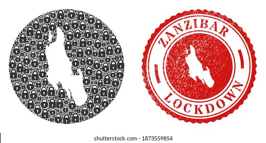 Mosaico vectorial de la isla de Zanzíbar mapa de cerraduras y sello de sello de RELOJ grueso. Mapa geográfico mosaico de la isla de Zanzíbar construido como un agujero de círculo con cerraduras negras.