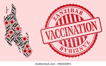 Vector mosaic Zanzibar Island map of corona virus, syringe icons, and red grunge vaccination seal. Virus particles and vaccination particles inside Zanzibar Island map.