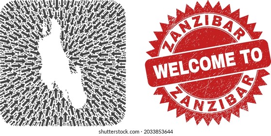 Vector mosaic Zanzibar Island map of movement arrows and rubber Welcome seal stamp. Mosaic geographic Zanzibar Island map constructed as stencil from rounded square with moving arrows.