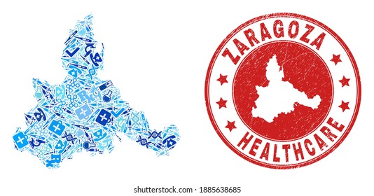 Vector mosaic Zaragoza Province map with treatment icons, laboratory symbols, and grunge health care seal. Red round stamp with scratched rubber texture and Zaragoza Province map word and map.