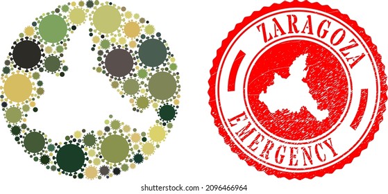 Vector mosaic Zaragoza Province map of virus outbreak icons and grunge EMERGENCY seal.