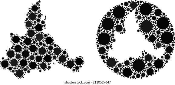Vector mosaic Zaragoza Province map of covid infection elements. Mosaic geographic Zaragoza Province map constructed as hole from circle with covid infection elements in black color hues.