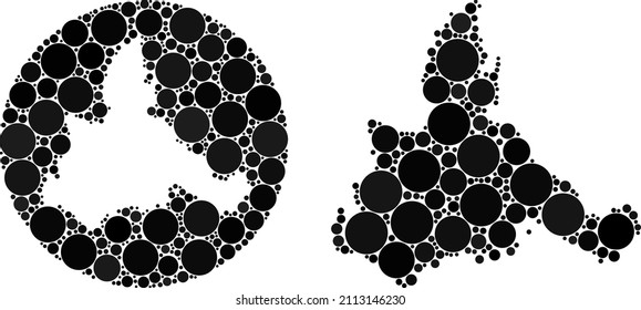 Vector mosaic Zaragoza Province map of sphere items. Mosaic geographic Zaragoza Province map designed as carved shape from round shape with round elements in black color hues.