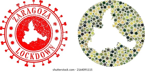 Vector mosaic Zaragoza Province map of virus elements and grunge LOCKDOWN stamp.
