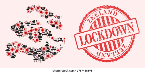 Vector mosaic Zeeland Province map of covid-2019 virus, masked men and red grunge lockdown stamp. Virus items and men in masks inside Zeeland Province map.