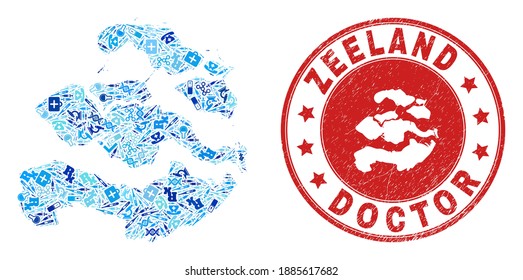 Vector mosaic Zeeland Province map with vaccine icons, medicine symbols, and grunge doctor rubber imitation. Red round stamp with grunge rubber texture and Zeeland Province map caption and map.